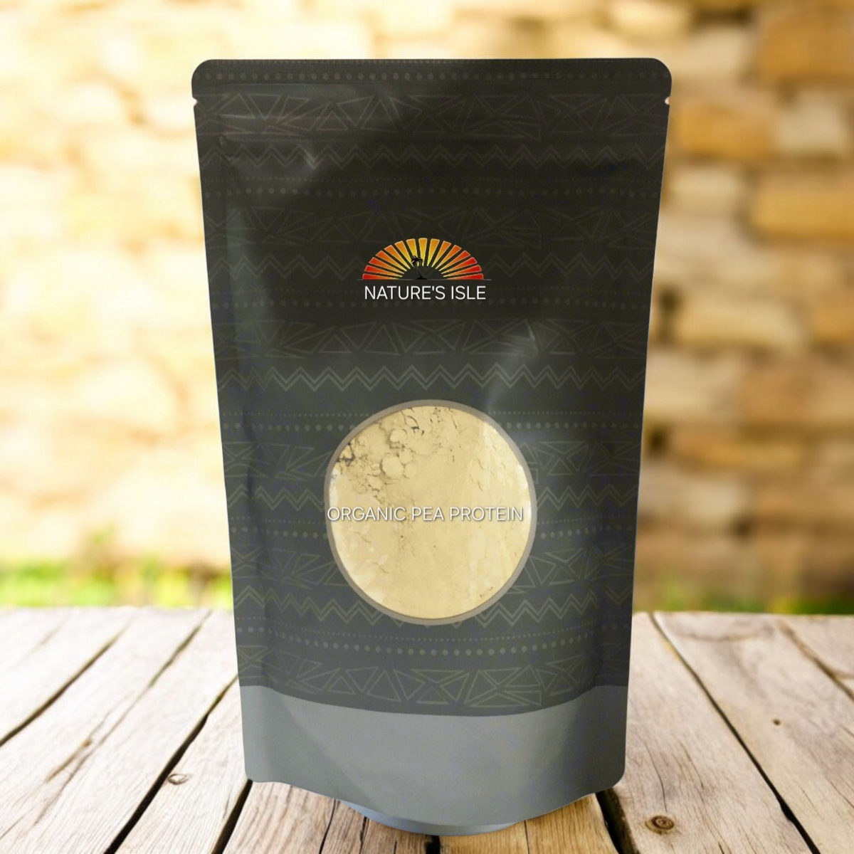 Organic Pea Protein Powder by Herbal Island in a resealable bag, showing the product's label and green packaging.