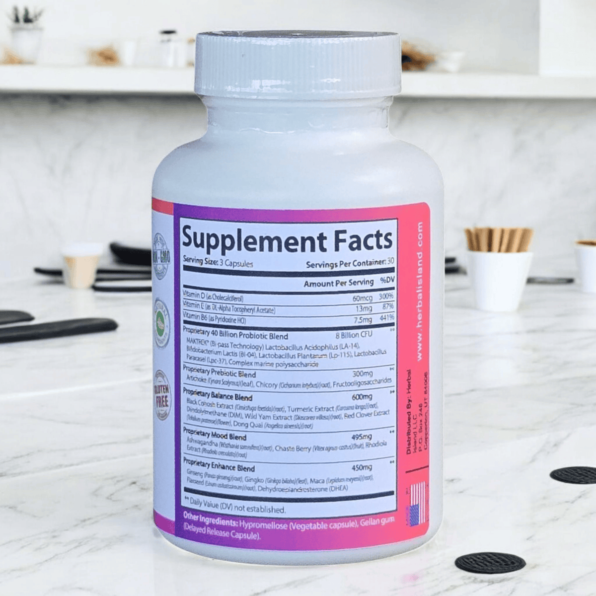 Herbal Island menopause support capsules in a bottle, featuring 90 capsules to help with hormonal balance and menopause symptoms.
