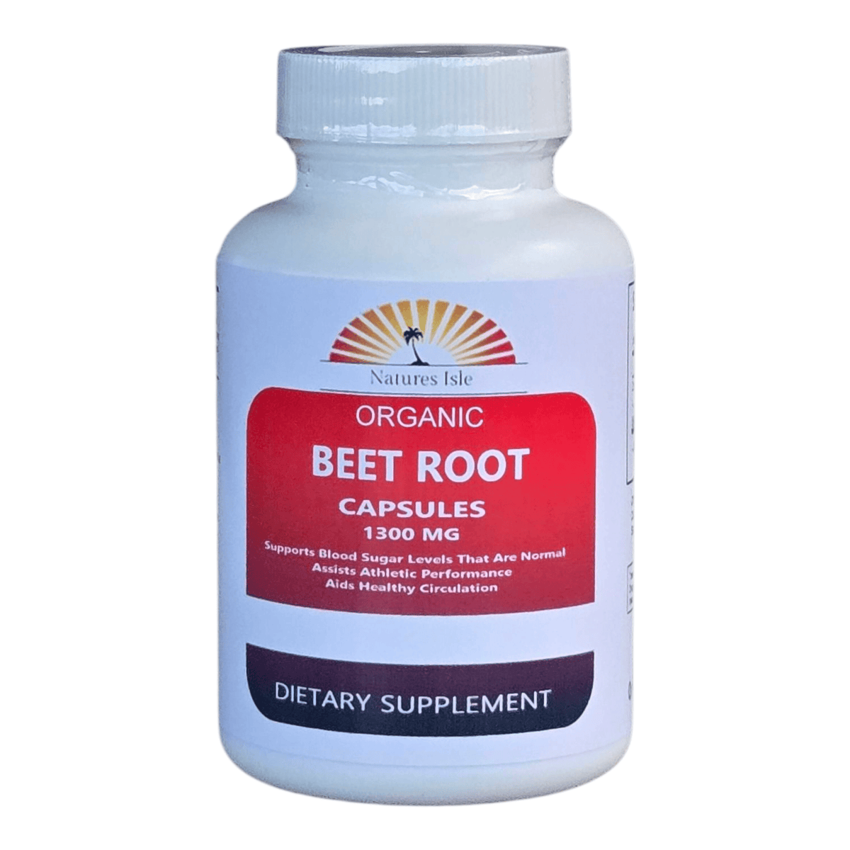 Organic Beet Root Capsules by Herbal Island, 1300MG, in a clear bottle with capsules visible inside.