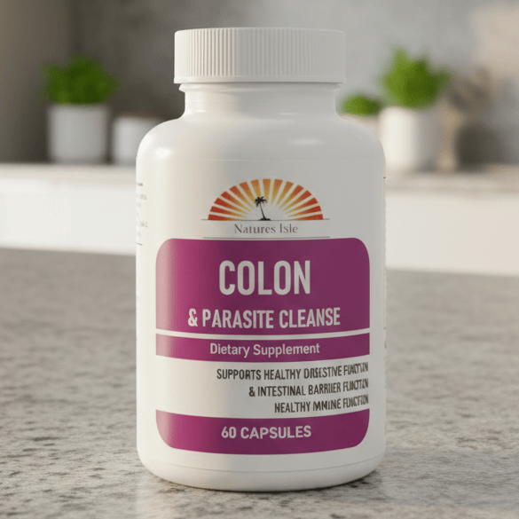 Herbal Island Colon and Parasite Detox capsules in a clear bottle with a white label showing capsules inside.
