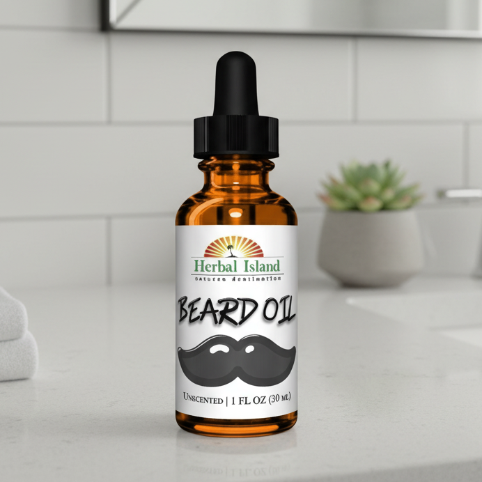 Herbal Island natural unscented beard oil blend in a clear glass bottle with a black cap, designed for beard grooming.