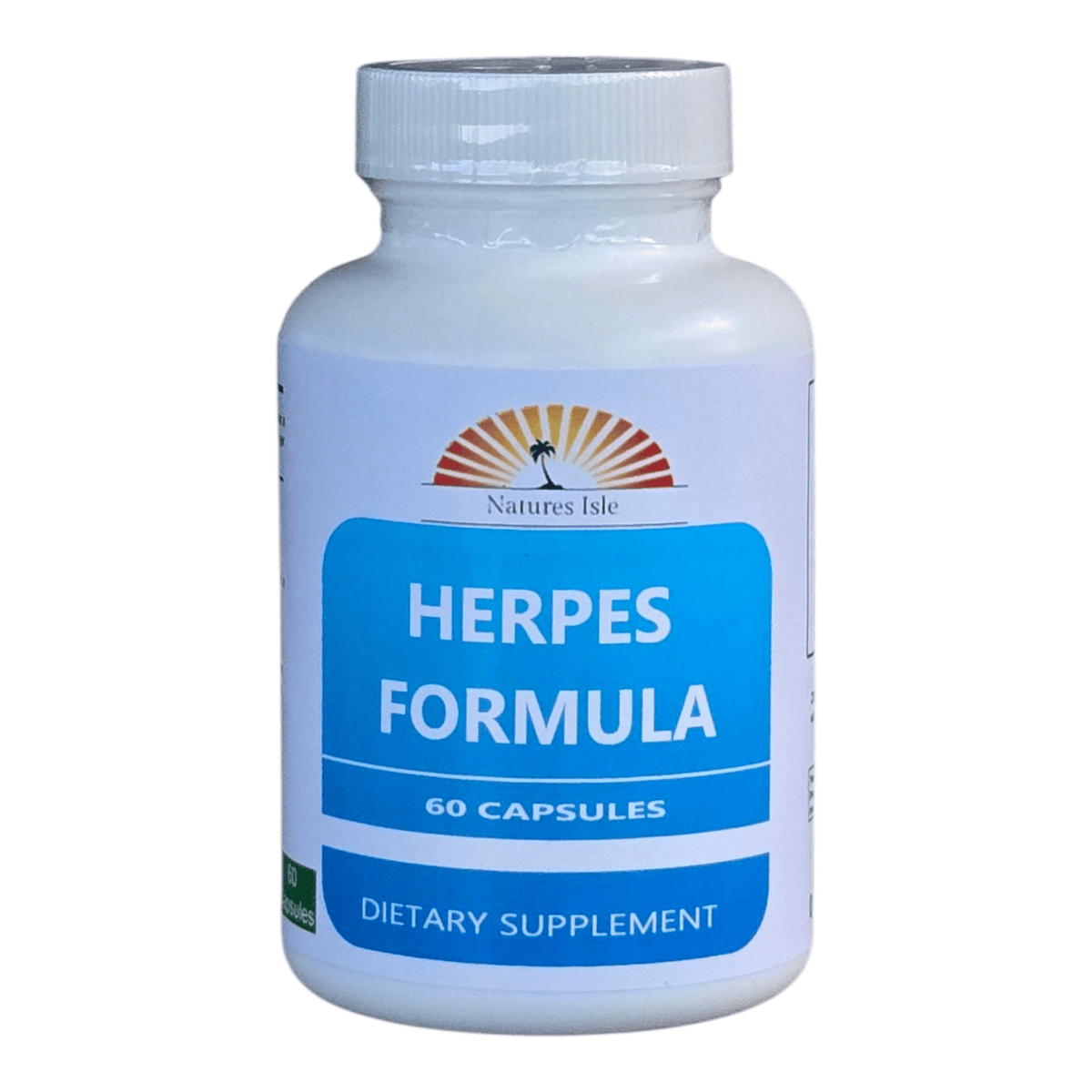 Herbal Island Herpes Formula capsules, all-natural dietary supplement in a bottle of 60 capsules with white and green packaging.