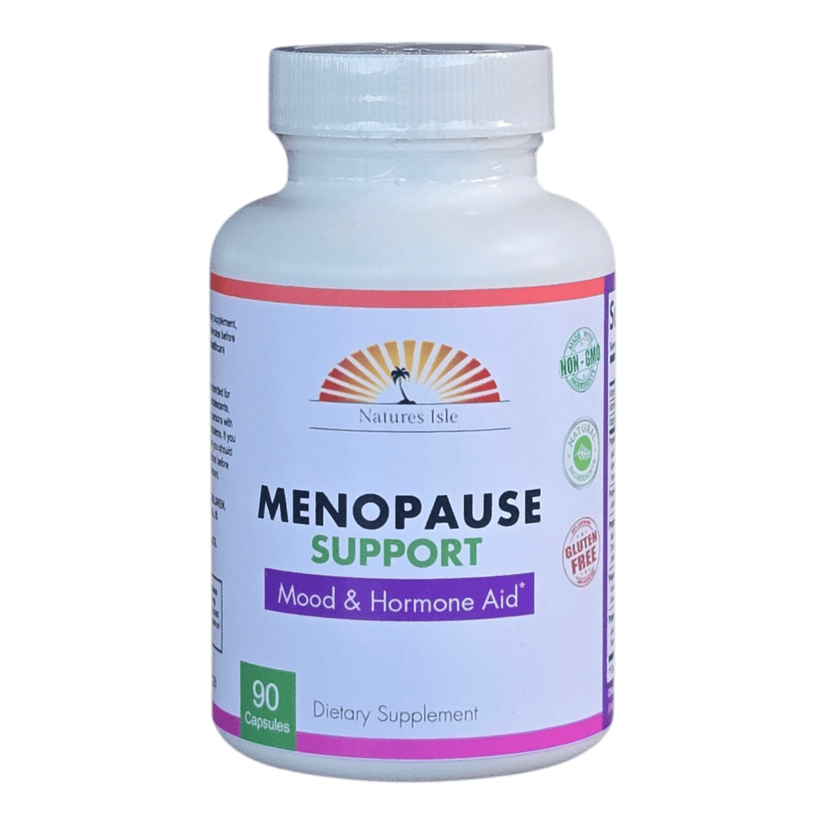Herbal Island Menopause Support Capsules, 90-count bottle, showing white capsules in a clear container on a neutral background.