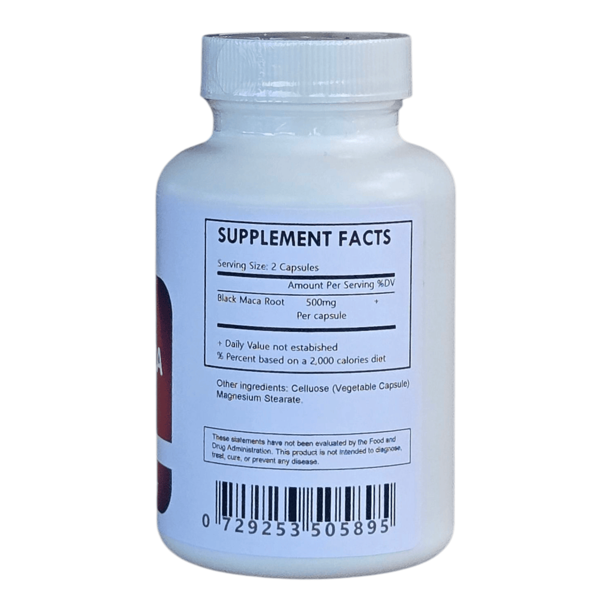Organic black Maca root capsules by Herbal Island, shown in a clear container with black capsules on a white background.