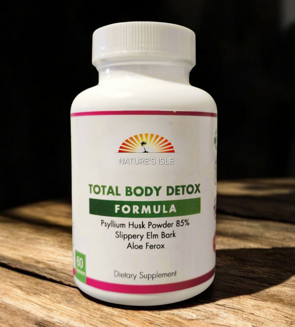 Herbal Island Total Body Detox capsules in a white bottle with a green label, showing 60 all-natural detox capsules.