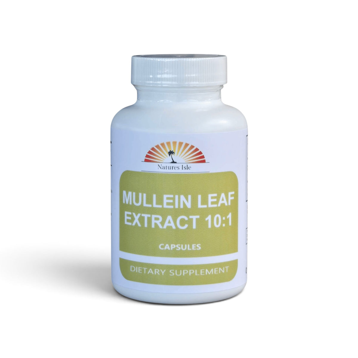 Herbal Island Mullein Leaf Extract capsules in a clear bottle, showing golden capsules inside.