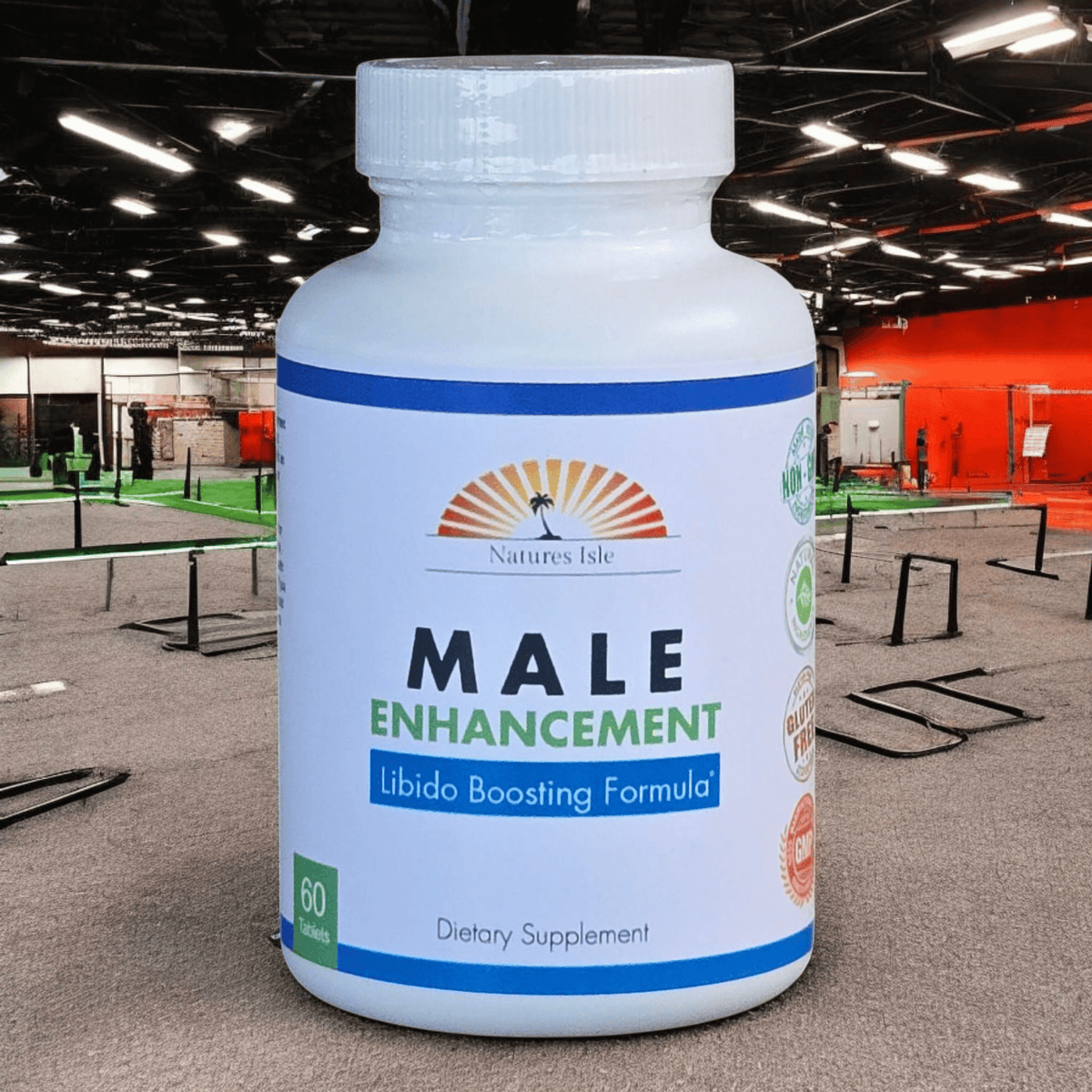 Herbal Island male enhancement capsules, 60-pill libido boosting formula, natural supplement for improved sexual performance.