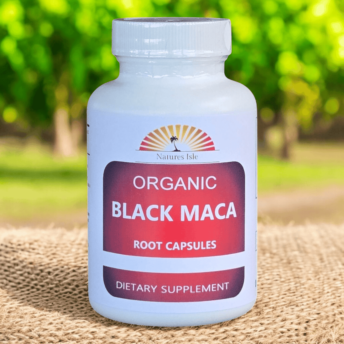 Organic Black Maca Root capsules by Herbal Island, shown in clear view, highlighting the capsule packaging and product details.