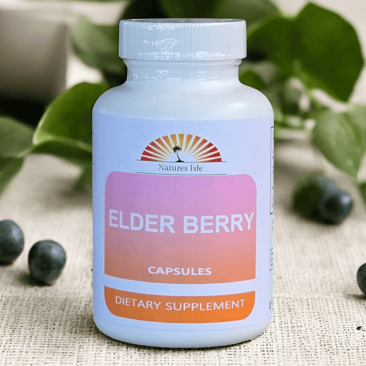 Herbal Island elderberry fruit capsules in a clear container, showcasing small, dark capsules filled with elderberry extract.