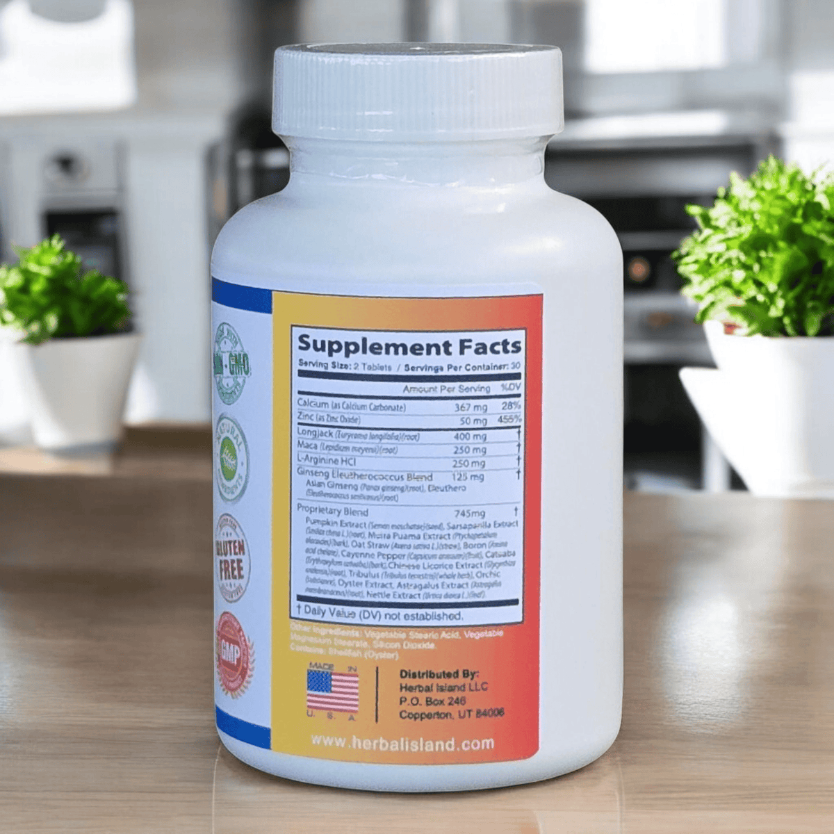 Herbal Island male enhancement capsules in a bottle, libido boosting formula for men, 60 pills in a natural dietary supplement package.