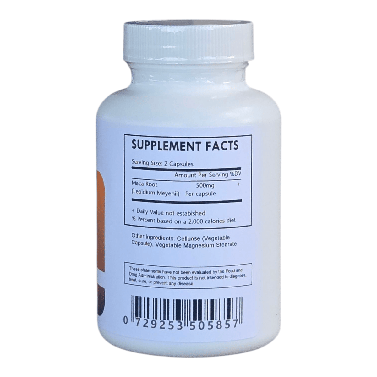 Organic Maca Root Powder Capsules by Herbal Island, showing the brown capsules in a clear container on a white background.