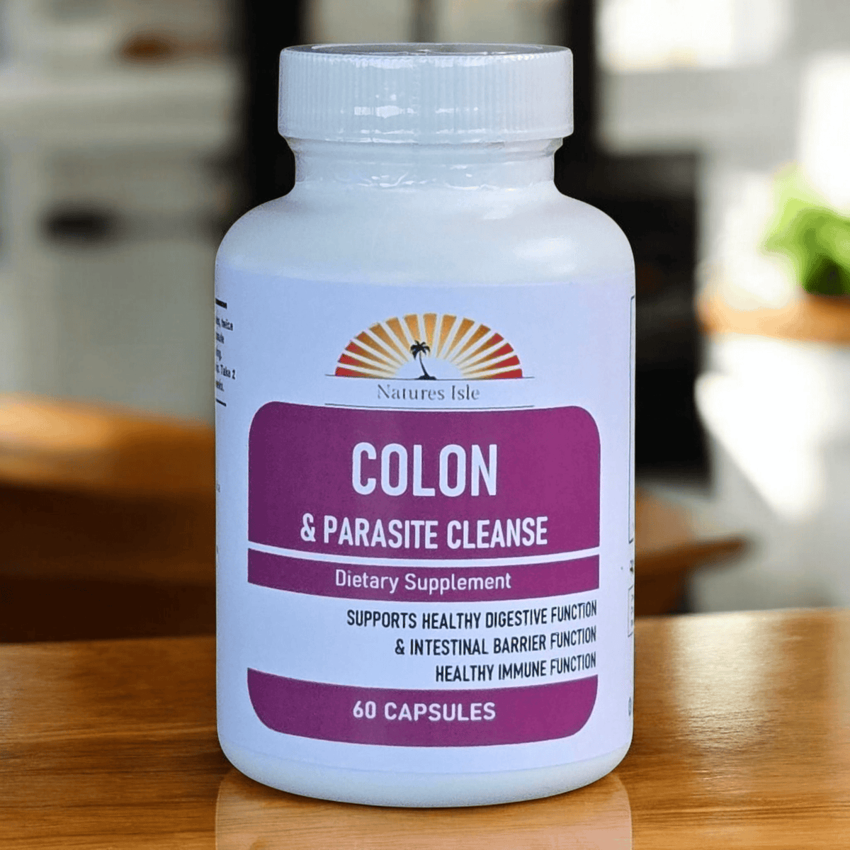 Herbal Island Colon and Parasite Detox capsules in a clear bottle, featuring natural herbal ingredients for cleansing and detox.
