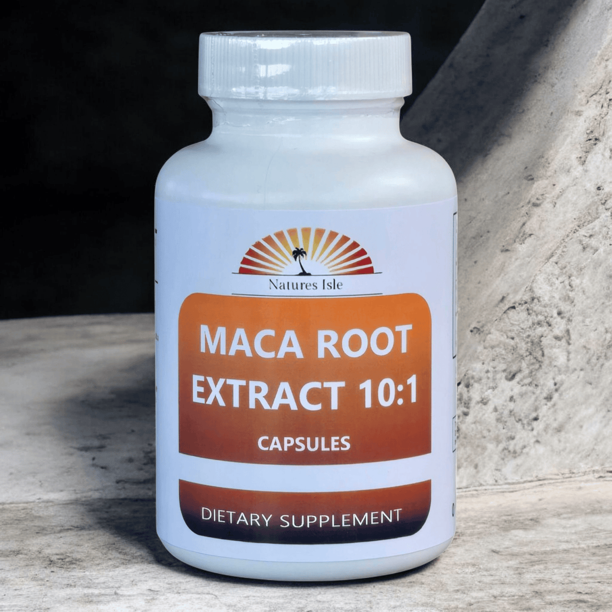 Herbal Island Maca Root Extract Powder 10:1 capsules, close-up of brown capsules in a container on a white background