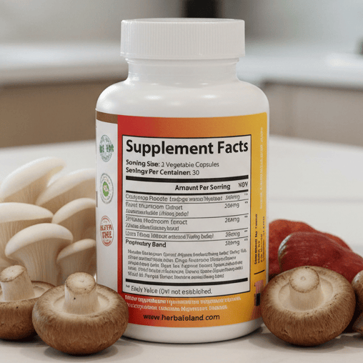 Herbal Island Mushroom 10X Blend Formula capsules in a clear bottle, showcasing 60 dietary supplement capsules.