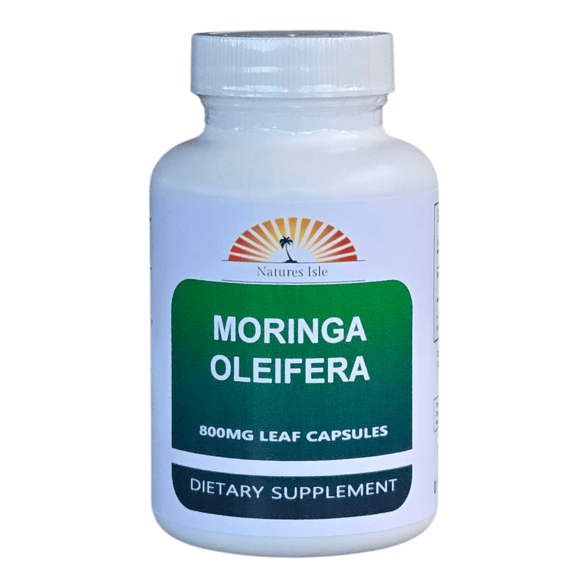 Herbal Island Moringa Leaf Capsules in a clear bottle with green and white label, showing the capsules inside.