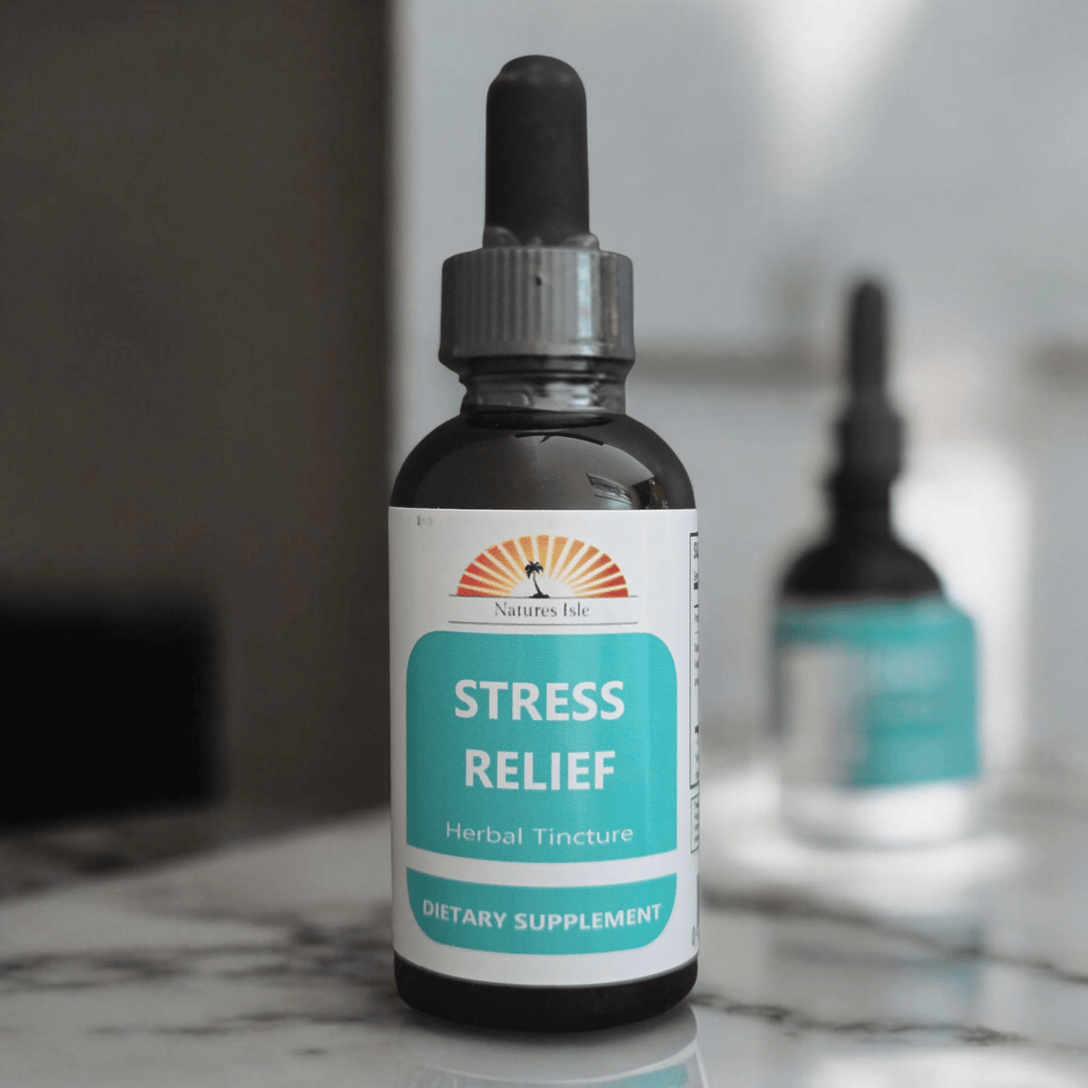Herbal Island Stress Relief Tincture in a clear glass liquid dropper bottle, with natural herbal ingredients visible.
