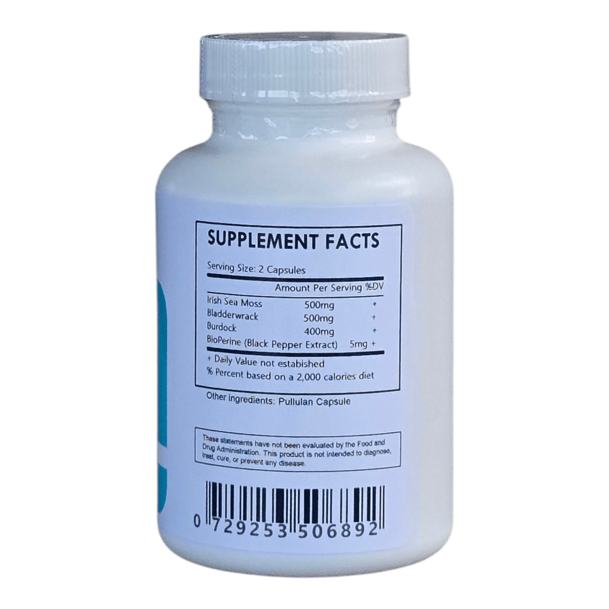 Herbal Island Advanced Sea Moss Capsules in clear bottles, showcasing the dietary supplement capsules on a white background.