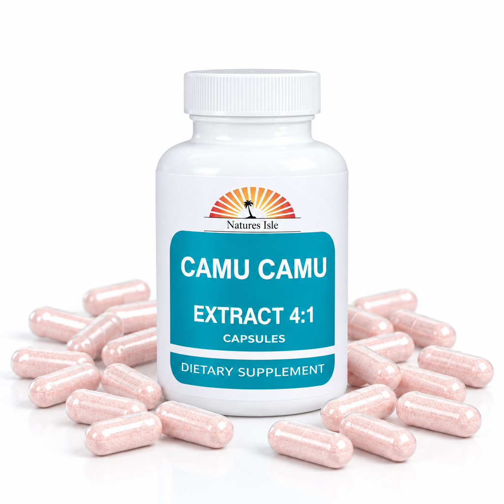 Herbal Island Camu Camu 4:1 extract capsules, natural supplement in softgel form with green and white capsule visible.