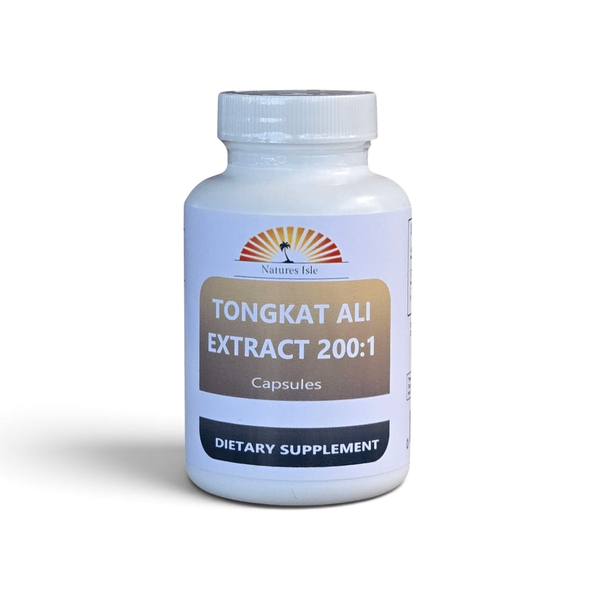 Herbal Island Tongkat Ali 200:1 root extract capsules, dietary supplement in black and amber bottle with capsules visible inside.