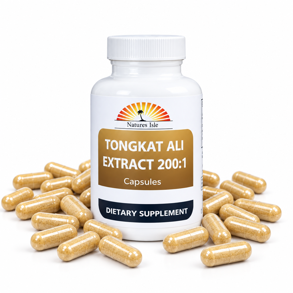 Herbal Island Tongkat Ali 200:1 root extract capsules, dietary supplement bottle with capsules and label.