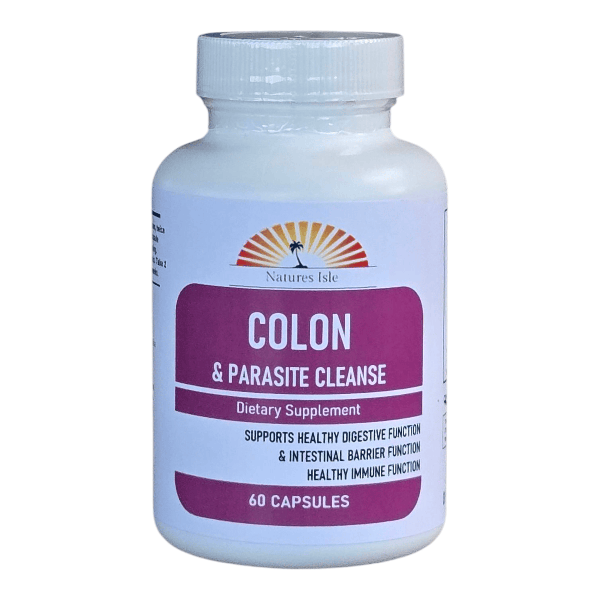 Herbal Island Colon and Parasite Detox capsules in a white bottle, designed for cleansing and digestive health.