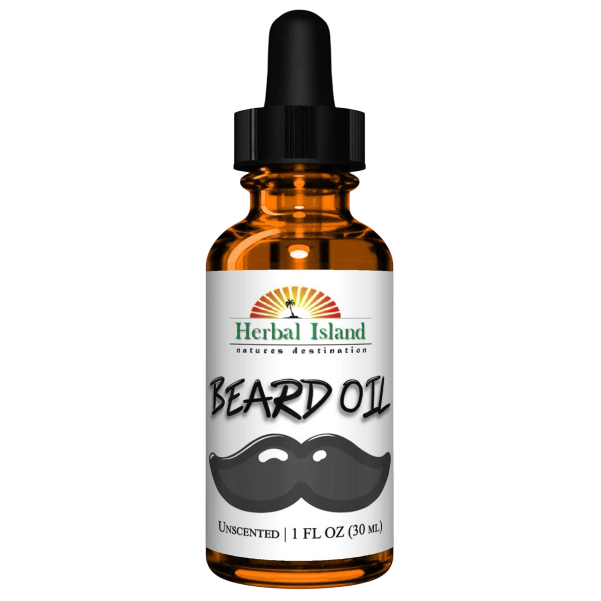 Herbal Island natural unscented beard oil blend in a clear glass bottle with a black dropper cap, ready for grooming.
