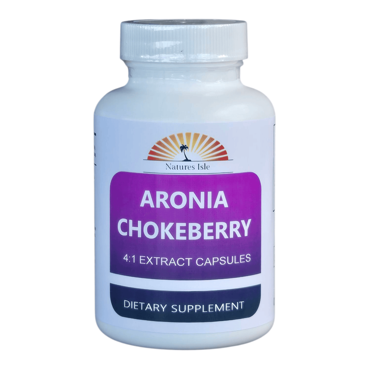 Herbal Island Aronia Extract 4:1 capsules, dietary supplement in softgel form with dark purple liquid inside.