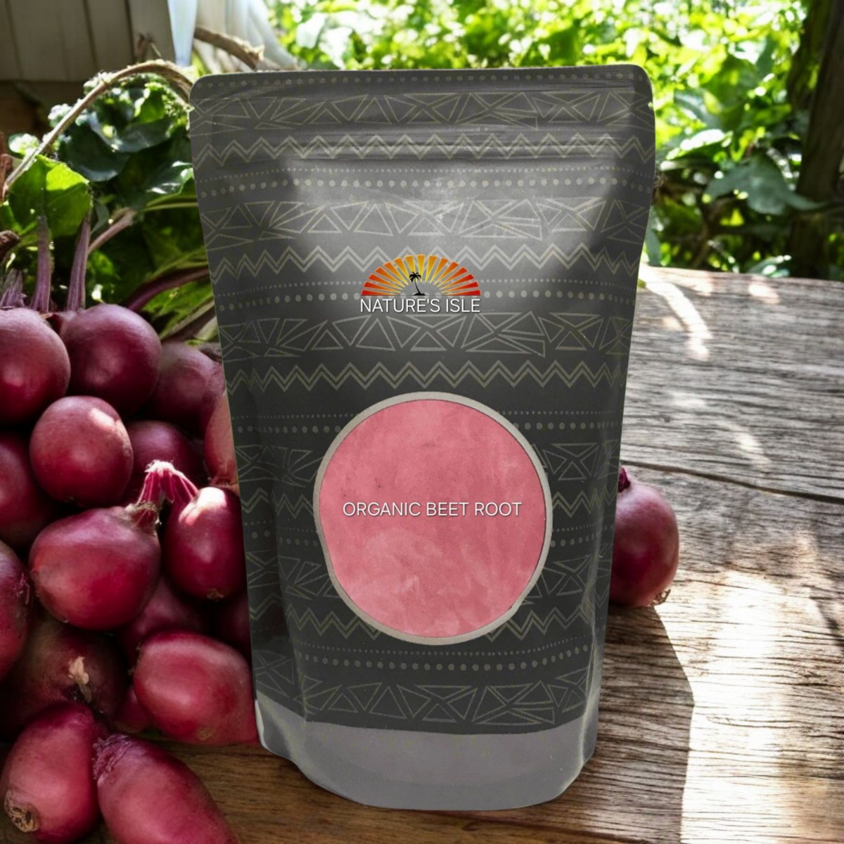 Organic Herbal Island beet root powder in a clear jar, showing vibrant red powder inside, ideal for smoothies and health supplements.