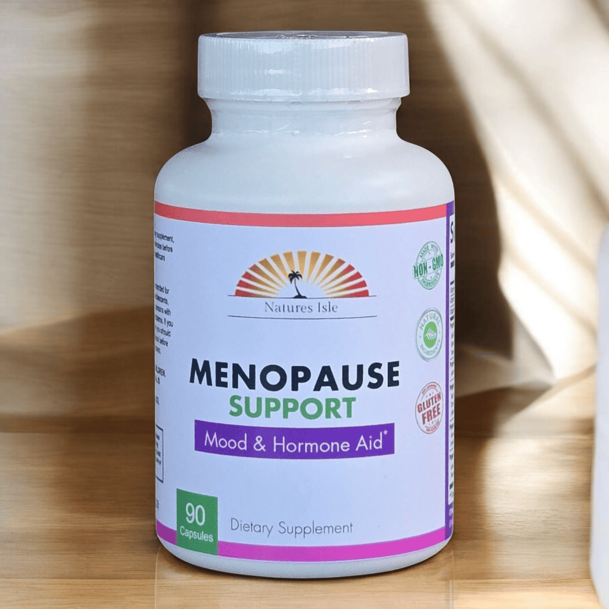 Herbal Island Menopause Support Capsules in a bottle, dietary supplement for menopause relief, 90 capsules.