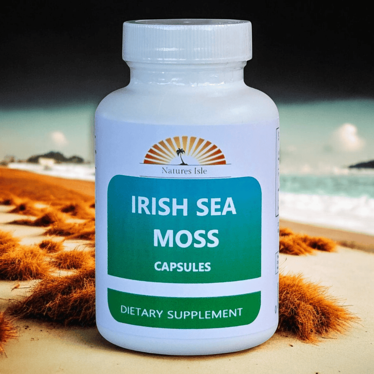 Herbal Island Sea Moss Irish Capsules in a clear bottle, showing green capsule contents on a white background.