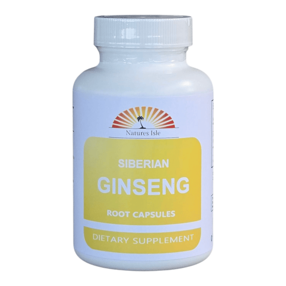 Herbal Island Siberian Ginseng Eleuthero root capsules in dark brown capsules, arranged on a white background.