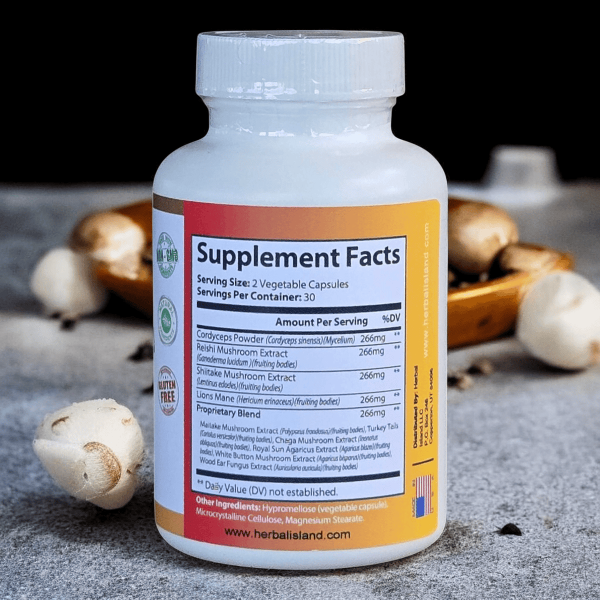 Herbal Island Mushroom 10X Blend Capsules featuring 60 capsules in a white bottle with a colorful label.