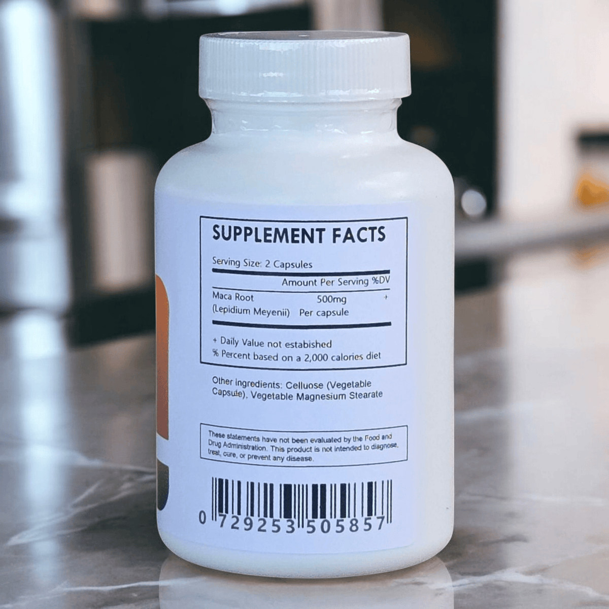 Organic Maca Root Powder Capsules by Herbal Island, showing a close-up of the brown capsules in a blister pack.