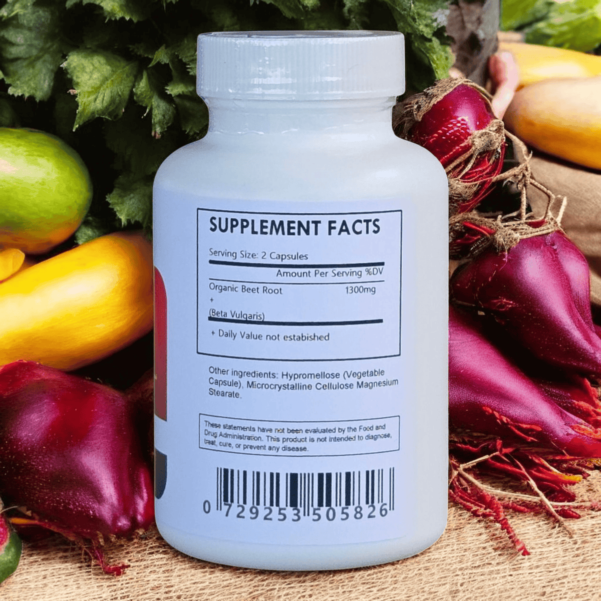 Organic Beet Root Capsules by Herbal Island, 1300MG, in a clear capsule showing deep red beet root extract inside.
