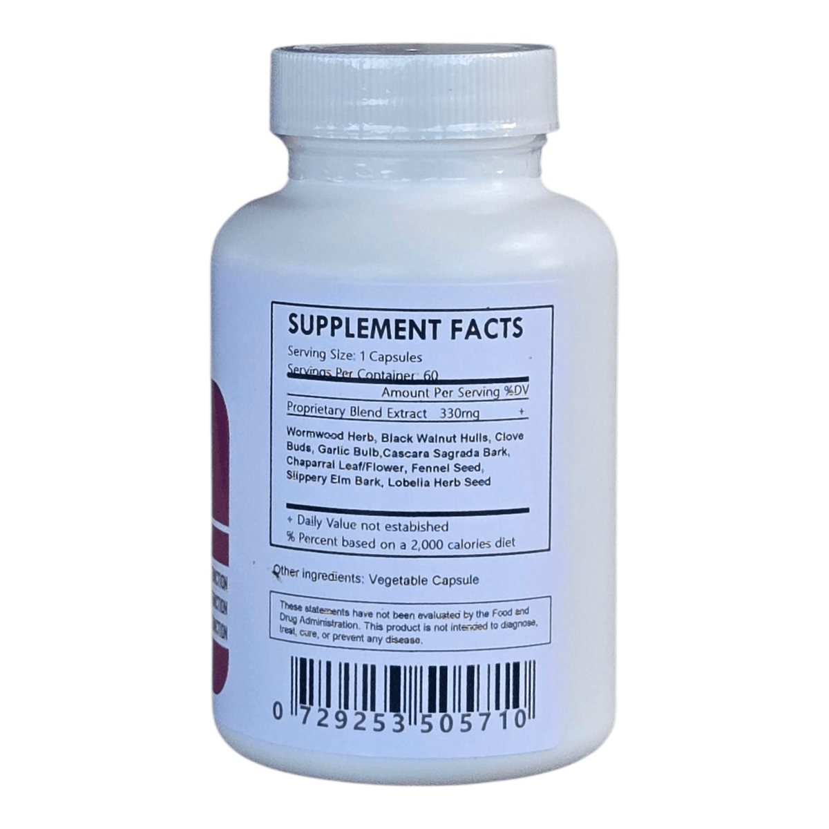 Herbal Island Colon and Parasite Detox capsules in a bottle, natural herbal supplement for digestive health and detox.