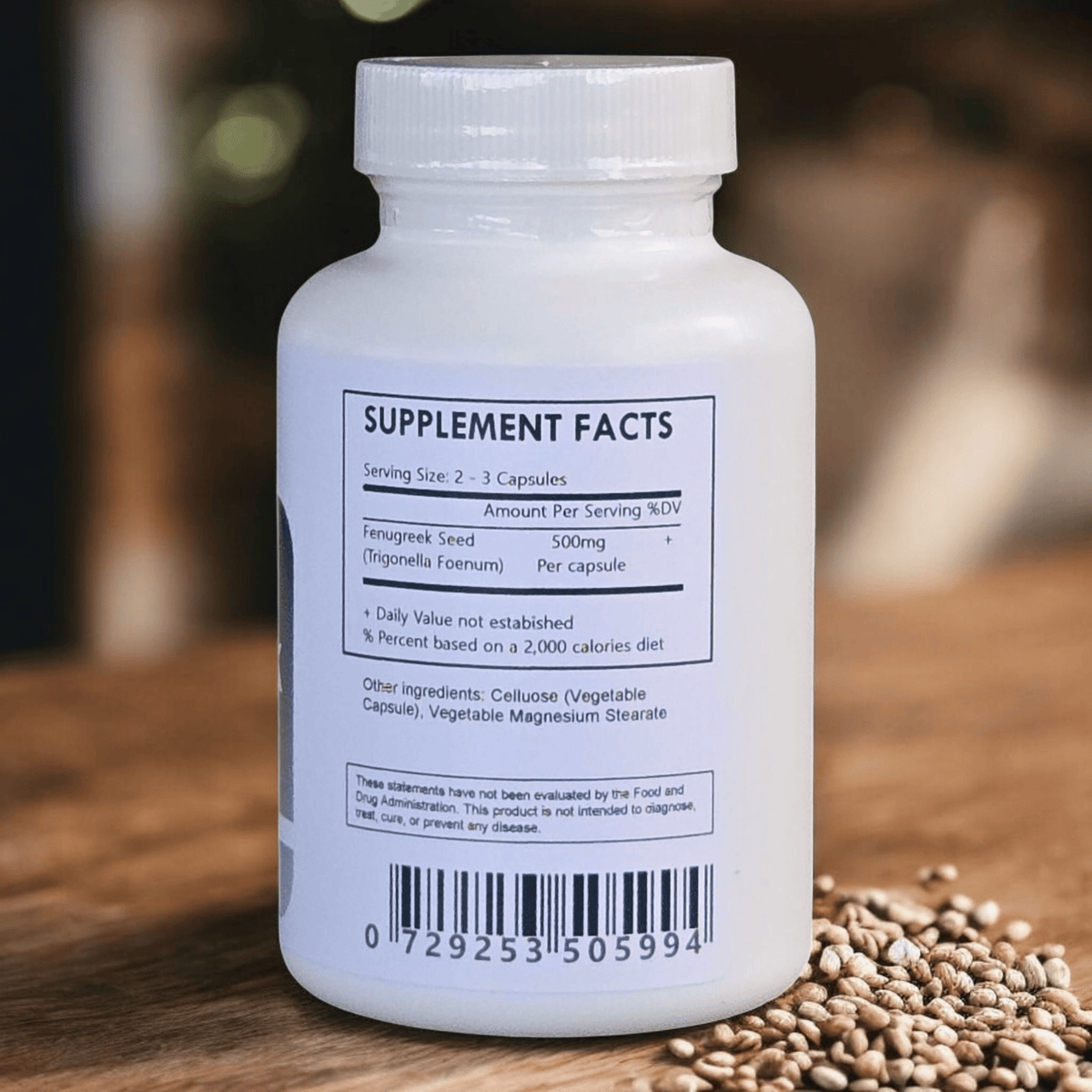 Herbal Island fenugreek capsules 500mg in clear capsules, displayed in a row on a white background.