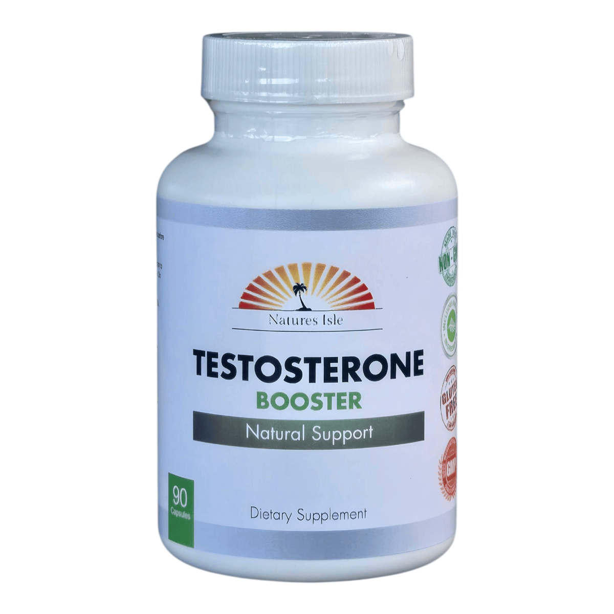 Herbal Island natural testosterone booster capsules, 90 count, with herbal ingredients and supplement packaging in the image.
