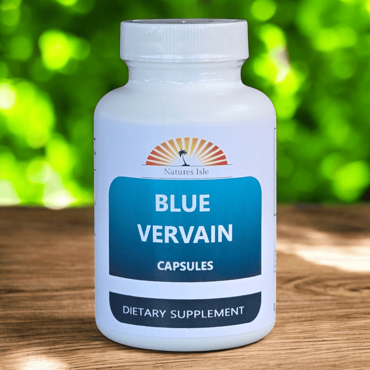 Blue Vervain Capsules from Herbal Island, close-up of blue capsules arranged in a row on a white background.