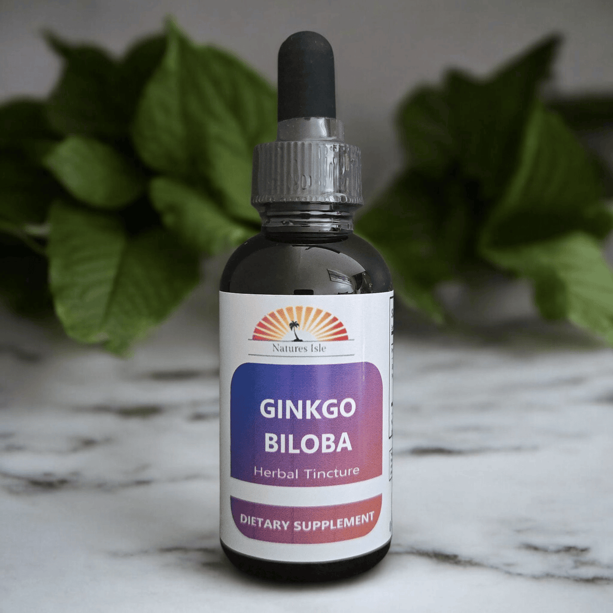 Herbal Island Ginkgo Biloba Extract liquid bottle, alcohol-free supplement in a clear dropper bottle with label and green ginkgo leaves.