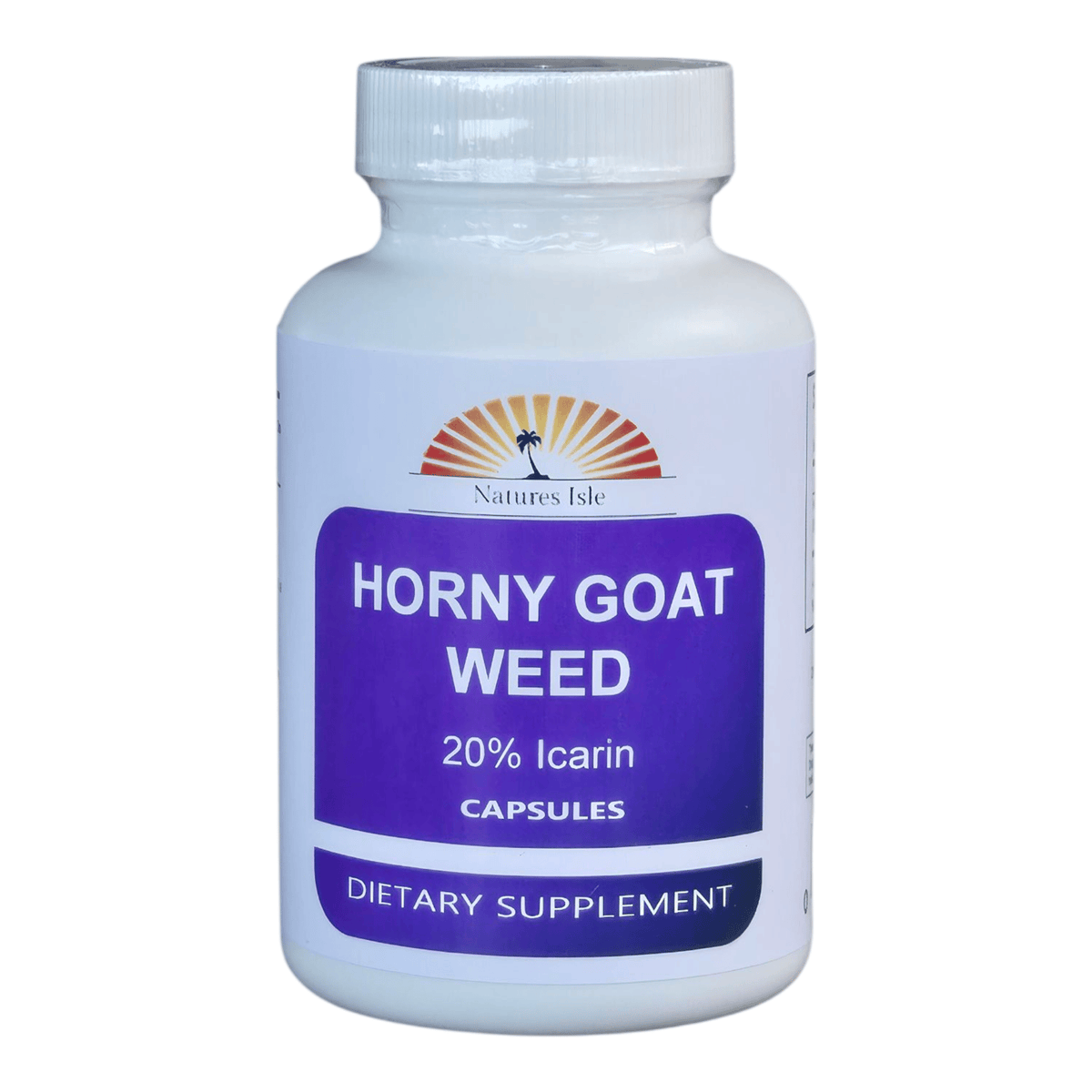 Herbal Island Horny Goat Weed Extract Capsules with 20% Icarin, showing the capsule bottles on a white background.