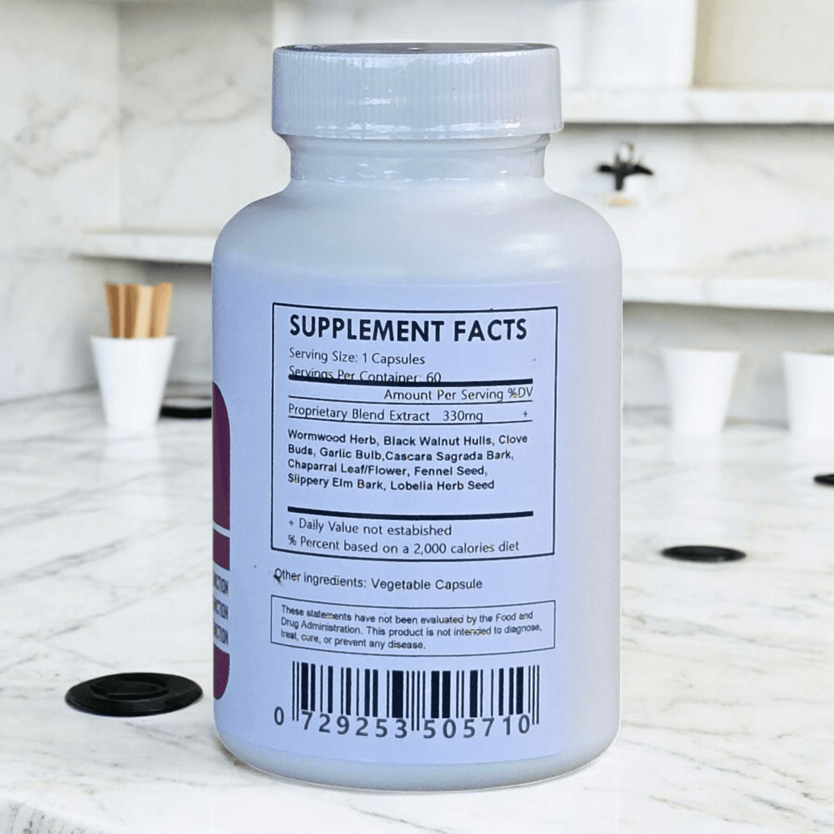 Herbal Island Colon & Parasite Detox capsules, natural supplement for digestive health and toxin cleansing, in a bottle.