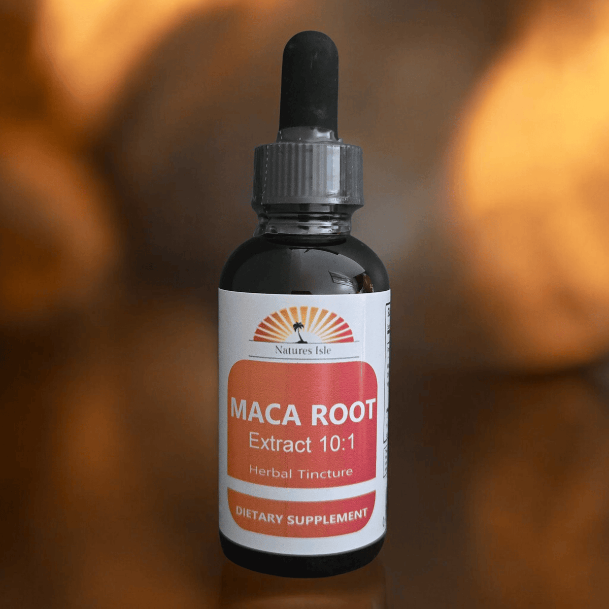 Herbal Island Maca Root Extract 10:1 liquid tincture bottle, alcohol-free supplement for natural energy and hormone support.