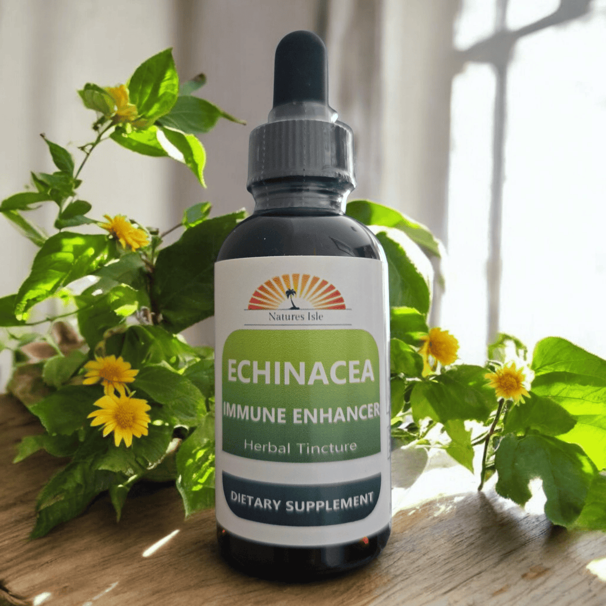 Herbal Island Echinacea herb extract liquid bottle, immune support supplement for cold and flu, alcohol-free herbal remedy.