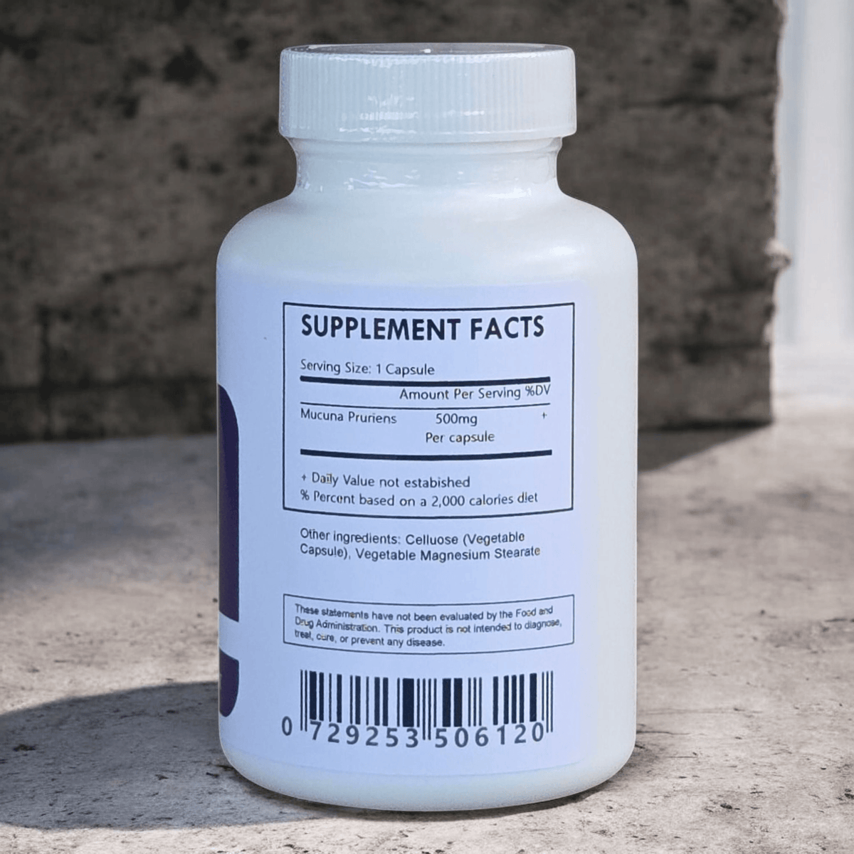 Herbal Island Mucuna Pruriens capsules with 20% L-Dopa, featuring velvet bean extract in a clear capsule container.