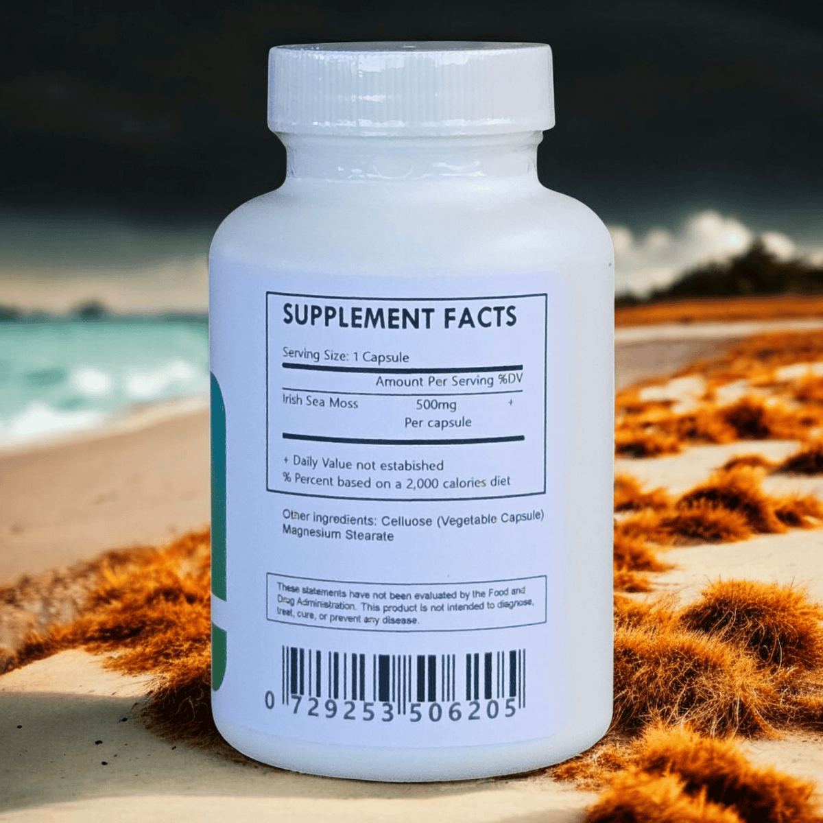 Herbal Island Sea Moss Irish Capsules in a white bottle, showing capsules inside, natural supplement for health and wellness.
