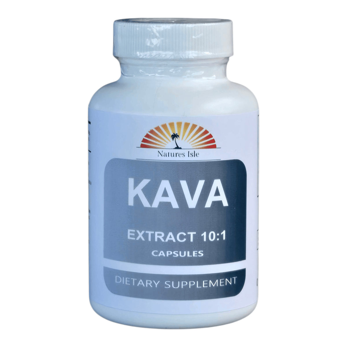 Herbal Island Kava Extract 4:1 capsules showing the bottle with green and white label and capsules inside.