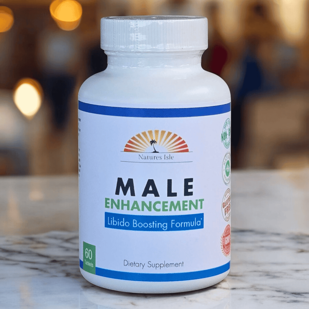 Herbal Island male enhancement capsules in a bottle, libido boosting formula intended to support male sexual performance.
