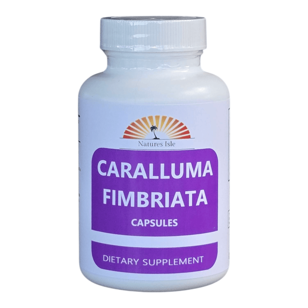 Herbal Island Caralluma Fimbriata capsules 500mg bottle with label showing capsules inside for natural weight management.