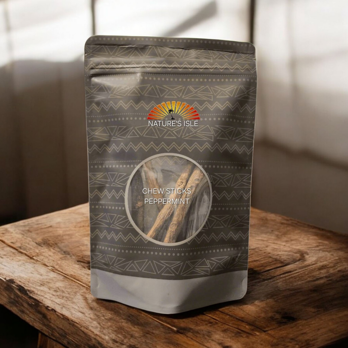 Herbal Island peppermint miswak chew sticks for natural oral hygiene, shown in a close-up image.