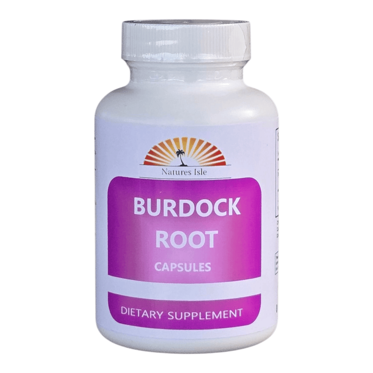 Herbal Island burdock capsules in a clear bottle with a white label, showcasing the dietary supplement capsules inside.